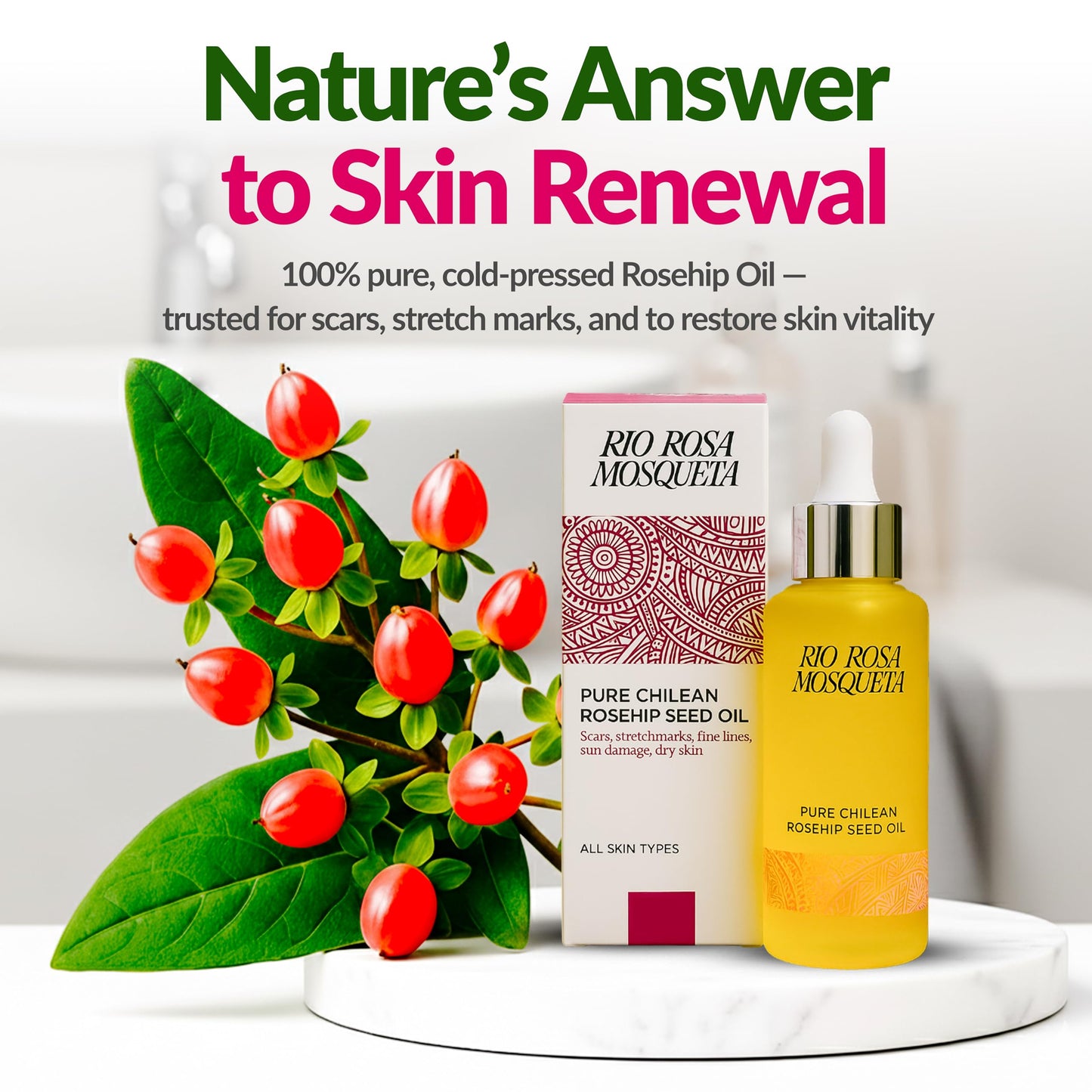 Rio Rosa Mosqueta Pure Rosehip Seed Oil 50ml for Scars & Stretchmarks, Pregnancy, Natural Cold-Pressed Antioxidant, Hydrating & Nourishing for Skin Tone & Texture, Vitamin E, Vegan