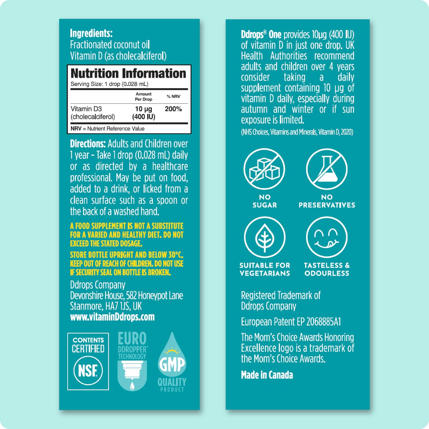 Ddrops One 10 µg 60 Drops - Daily Vitamin D3 Supplement for Kids & Adults. Support Bone Health & Immune System - No Large Capsules, No Preservatives, Non-GMO, Allergen-Friendly