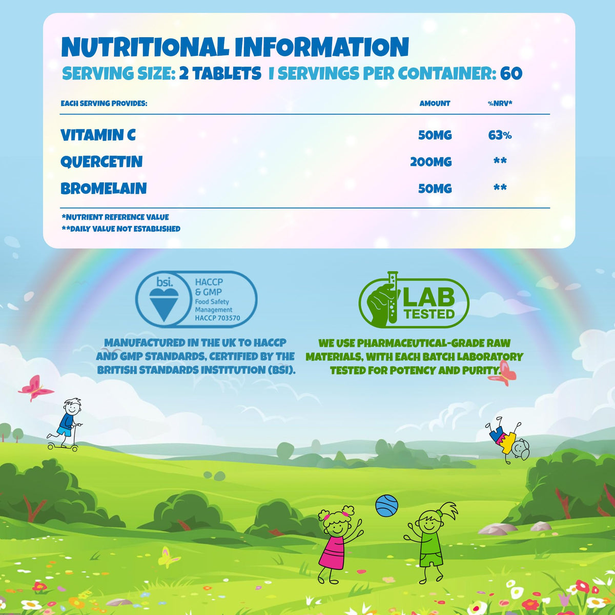 Health4All Kids Quercetin with Bromelain and Vitamin C, 60 Chewable Tablets, Vegan Natural Antihistamine Supplement, Inflammation Support, Sugar-Free Orange Flavour | Made in UK
