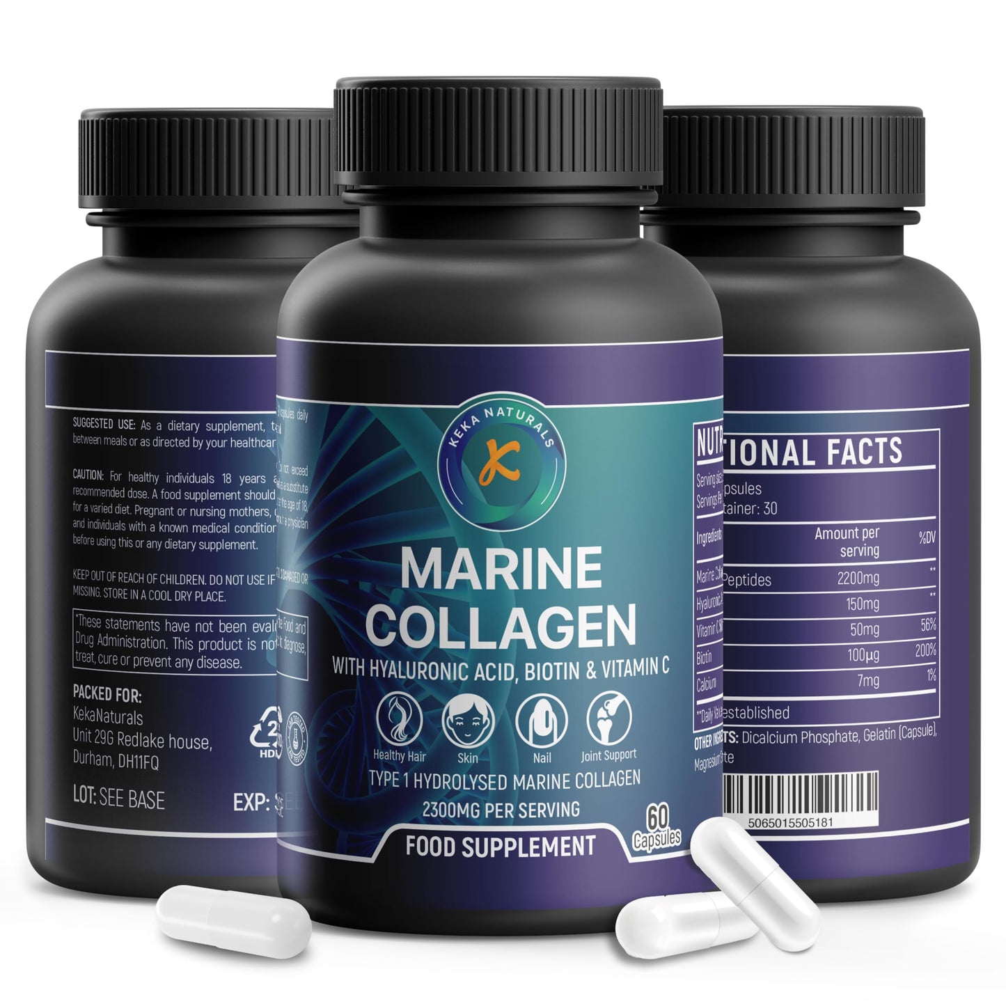 Keka Naturals Hydrolysed Marine Collagen with Hyaluronic Acid & Vitamin C - 2300mg per Serving - High Strength Collagen Supplements for Women and Men - 60 Capsules