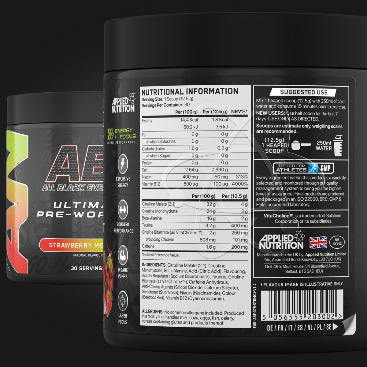 Applied Nutrition Bundle ABE Pre Workout 375g + 700ml Protein Shaker | All Black Everything Pre Workout Powder, Energy & Physical Performance with Creatine, Beta Alanine (Strawberry & Mojito)