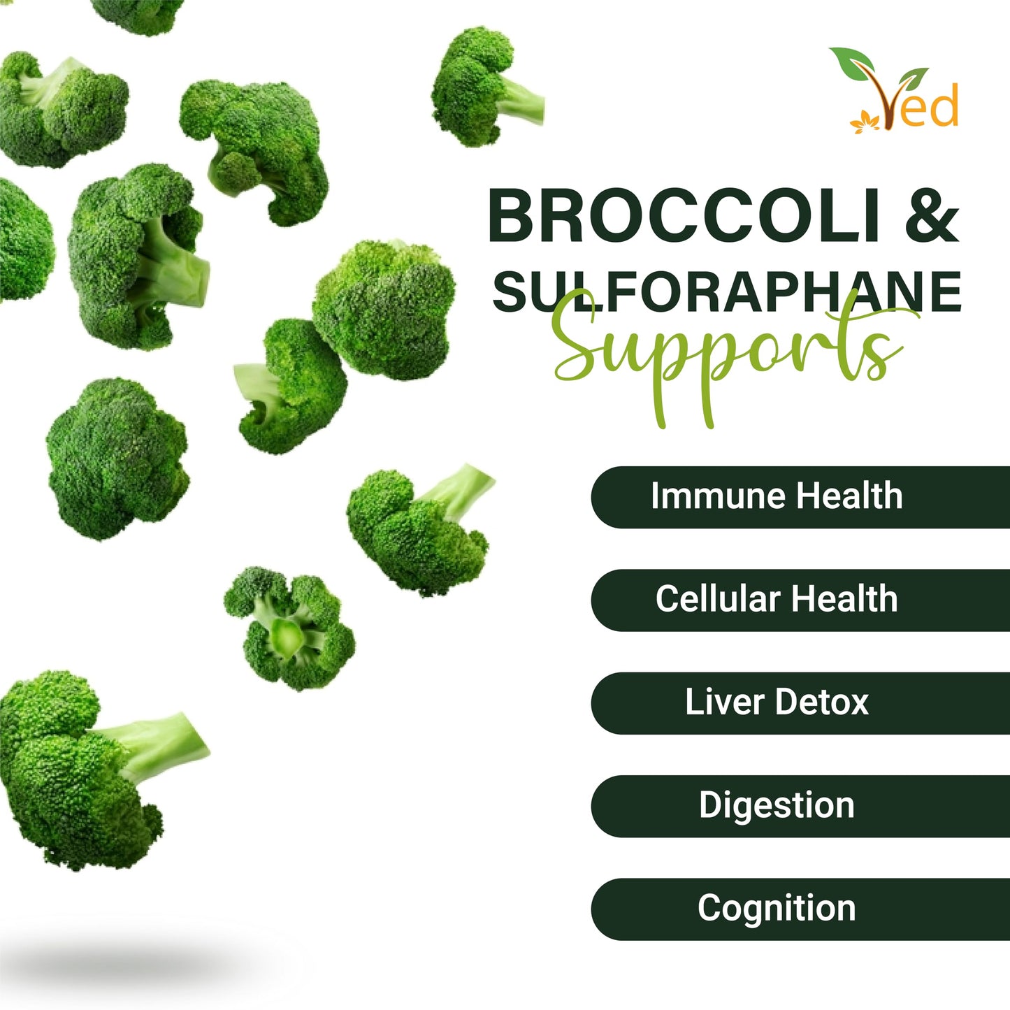 VED Ved Broccoli Sulforaphane, Broccoli Powder Rich in Vitamins and Minerals, 550 mg 90 Capsules (45 Days supplys)