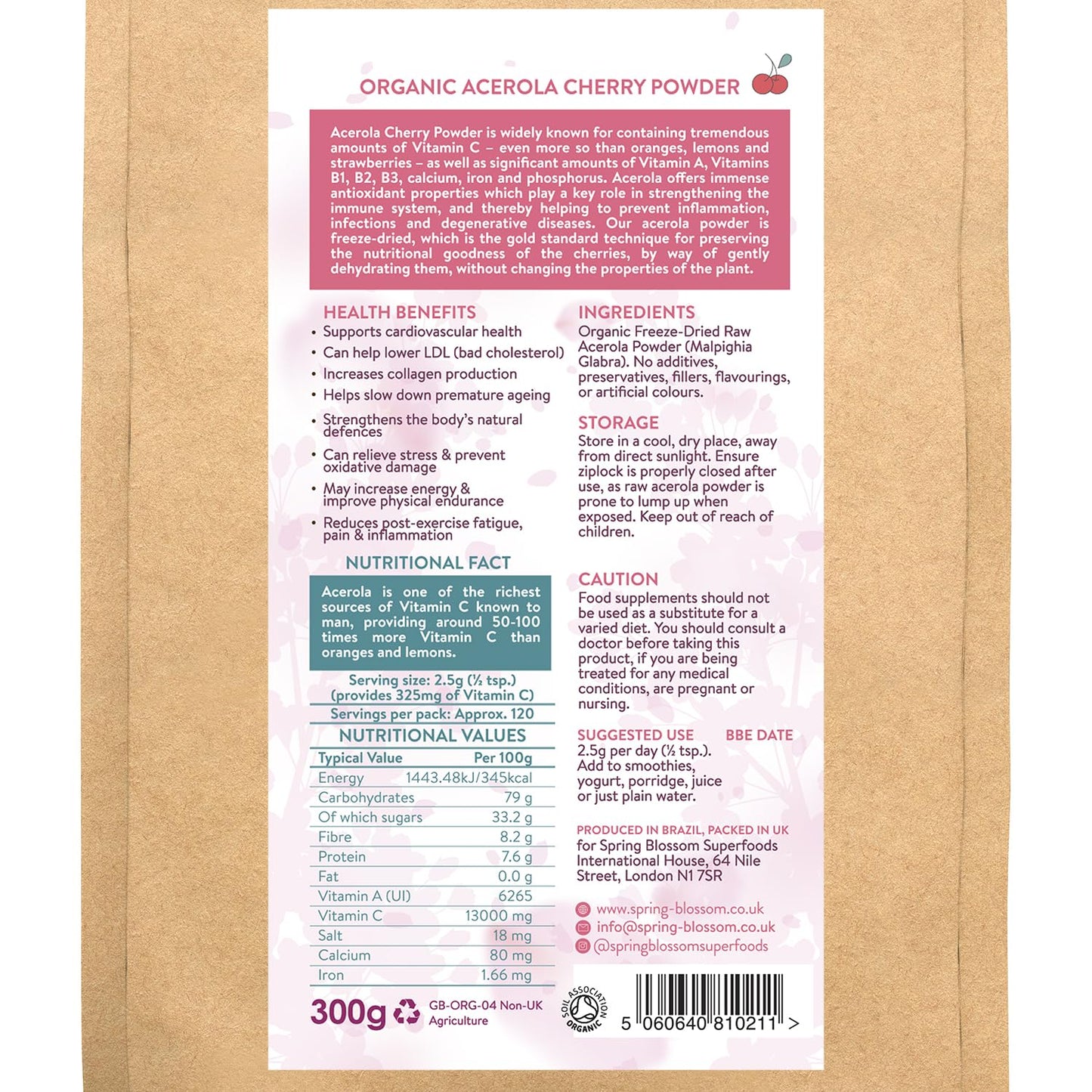 Spring Blossom 300g Organic Acerola Cherry Powder Freeze-Dried 100% Natural Vitamin C Raw Extract Food Supplement Immune System Booster Vegan Gluten-Free Superfood Ascorbic Acid Alternative No Additives Non-GMO