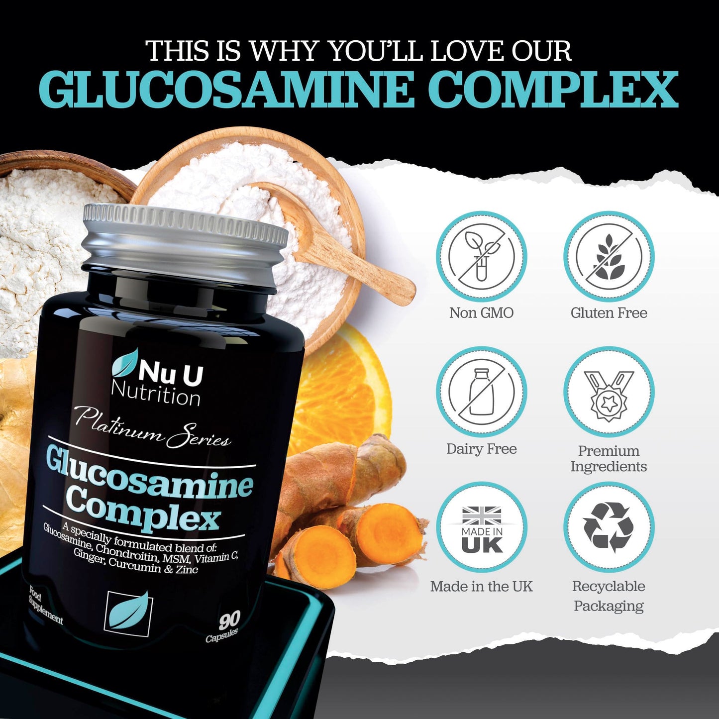 Glucosamine and Chondroitin High Strength Complex - 90 Glucosamine Sulphate Capsules - with Turmeric, MSM, Vitamin C, Zinc & Ginger - Joint Care Supplements for Men & Women - Nu U Nutrition