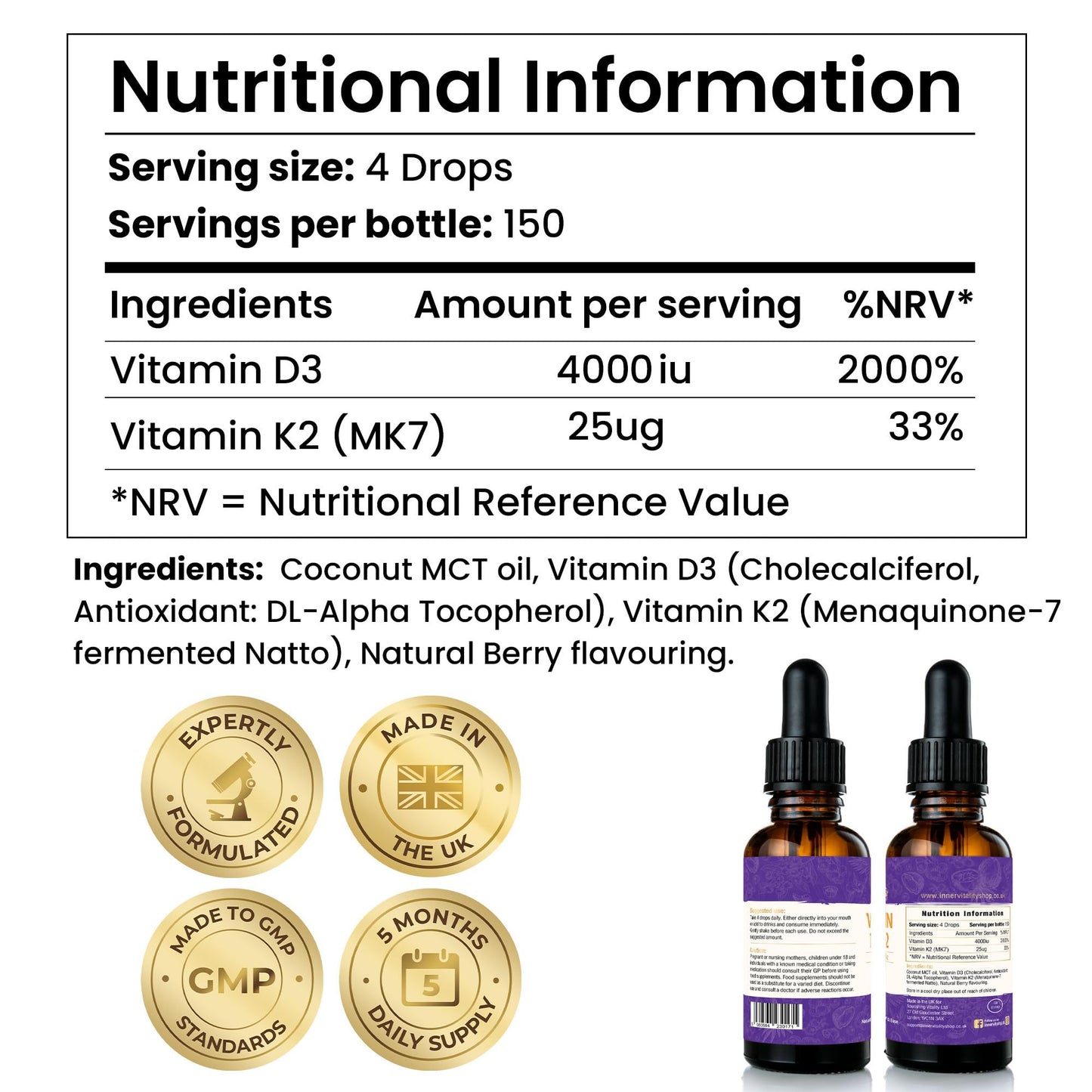 Inner Vitality Vitamin D3 K2 Drops 4000iu 5-Month Supply Natural Berry Flavour