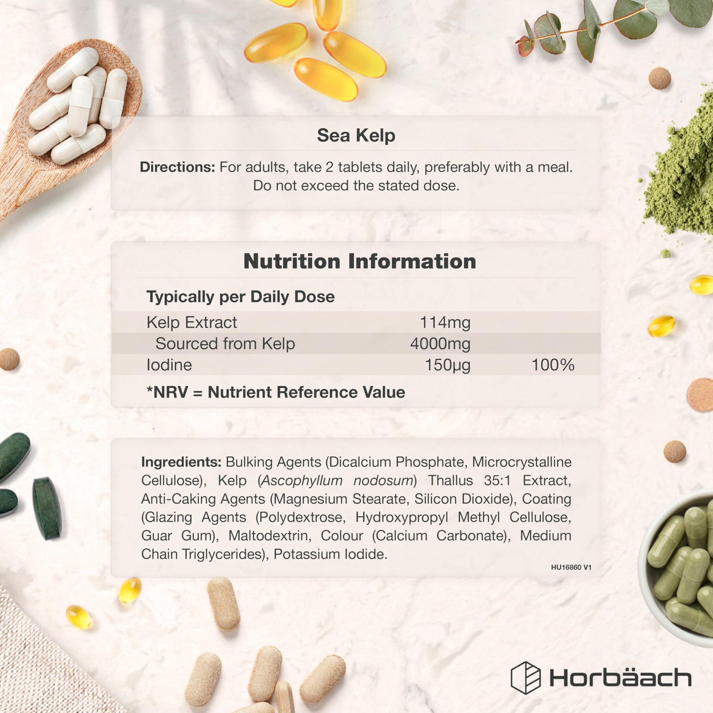 Horbäach Sea Kelp Tablets 4000mg | Natural Source of Iodine | 3 Months Supply | High Strength Kelp Extract | 180 Vegan Tablets | by Horbaach