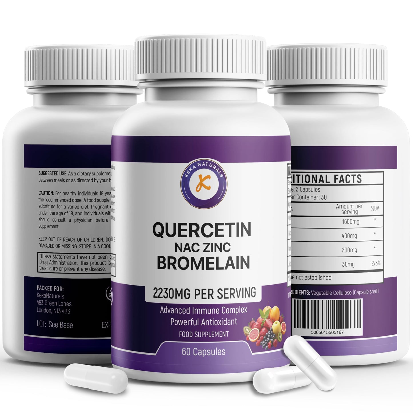Keka Naturals Quercetin with Bromelain, NAC and Zinc - Powerful Quercetin Blend - 2230mg per Serving - Immune & Respiratory Support - Non-GMO, Gluten-Free, Vegan - 60 Veggie Caps, Anti-Aging