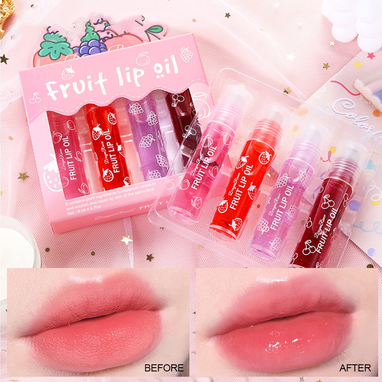 KTouler 4 Pcs Fruit Lip Oil Set Lip Gloss Crystal Jelly Liquid Lipstick, Set Moisturizing Hydrating Non-Stick cup Long Lasting Lip Kit for Women and Girls (Lip Oil, 4Pcs)