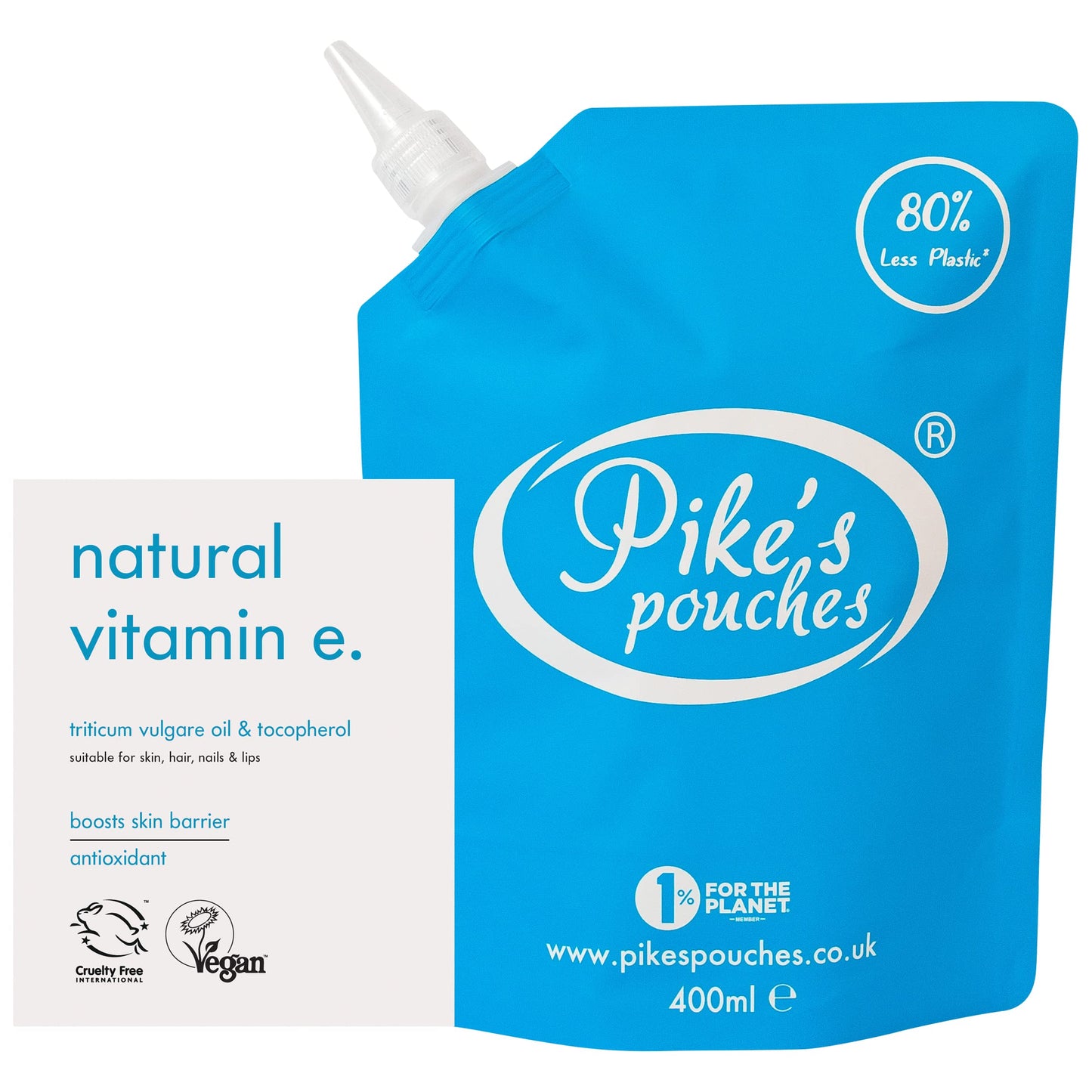 Pike's Pouches Natural Vitamin E Oil for Skin, Face, Hair, Nails, Scars & Lip Gloss 400ml – Liquid Vit E Pure Oil from Wheat Germ | Stimulates Hair Growth | Body Oil for Stretch Marks | Vegan | Pikes Pouches