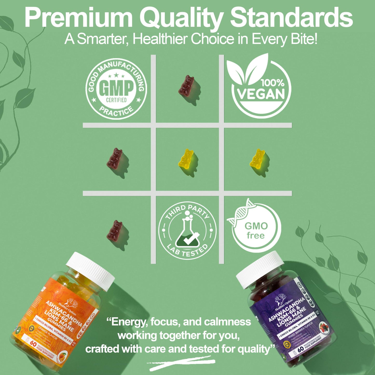 Healthier Options Ashwagandha KSM-66 and Lions Mane Gummies 4700mg | High Strength Ginkgo Biloba, Magnesium Glycinate, B6 & B12 | Ashwagandha Gummies 5% Withanolides | Stress, Focus, Memory & Energy | 6-in-1 60 Vegan