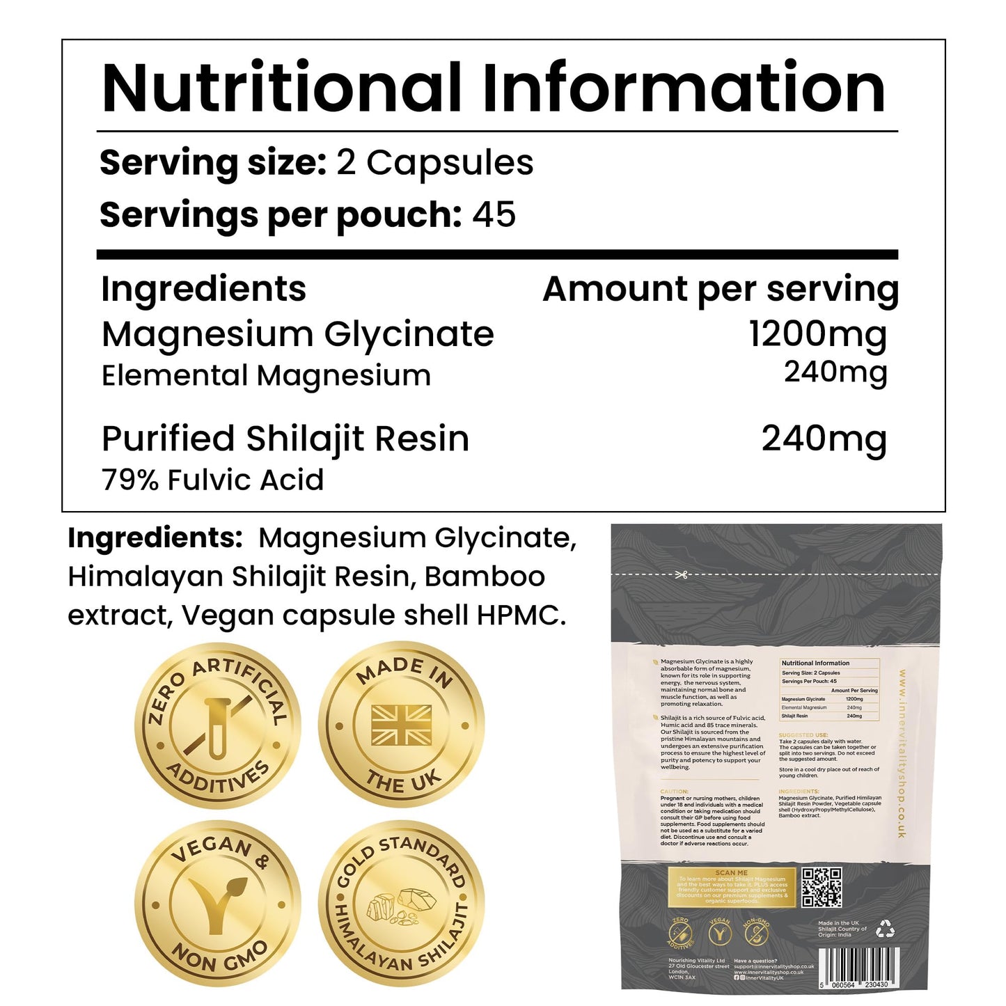 Magnesium Glycinate 1200mg & Himalayan Shilajit – High Strength 2-in-1, Stress, Sleep & Recovery Supplement- 90 Capsules Made in UK by Inner Vitality