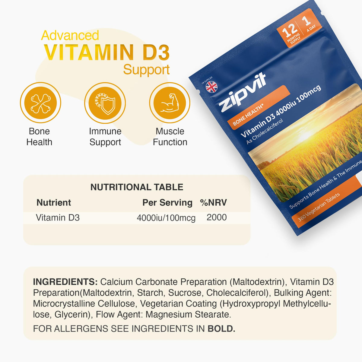 Zipvit Vitamin D3 4000 IU, 360 Maximum Strength Vitamin D Tablets, 12 Months Supply, Vegetarian, 1 a Day, VIT D3 As Cholecalciferol, Supports Bones Muscles, Immune System