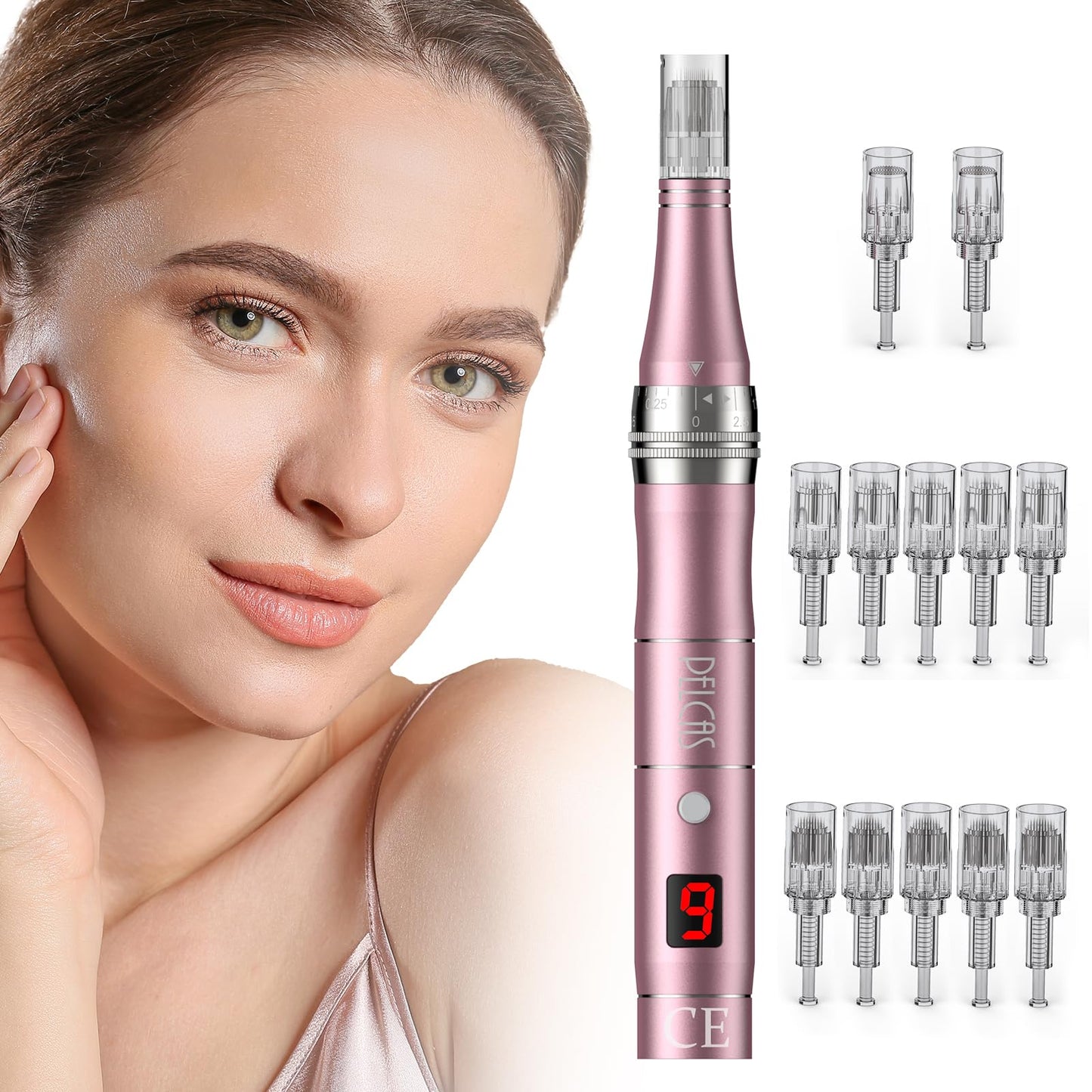 Microneedling Pen 9-Speeds,PELCAS Dermapen 0-2.5mm Adjustable with 12 Pcs Cartridges Type-C Rechargable Electric Derma Pen with LCD Screen for Anti-Aging Skin Care Wrinkle Stretch Marks Hair Loss