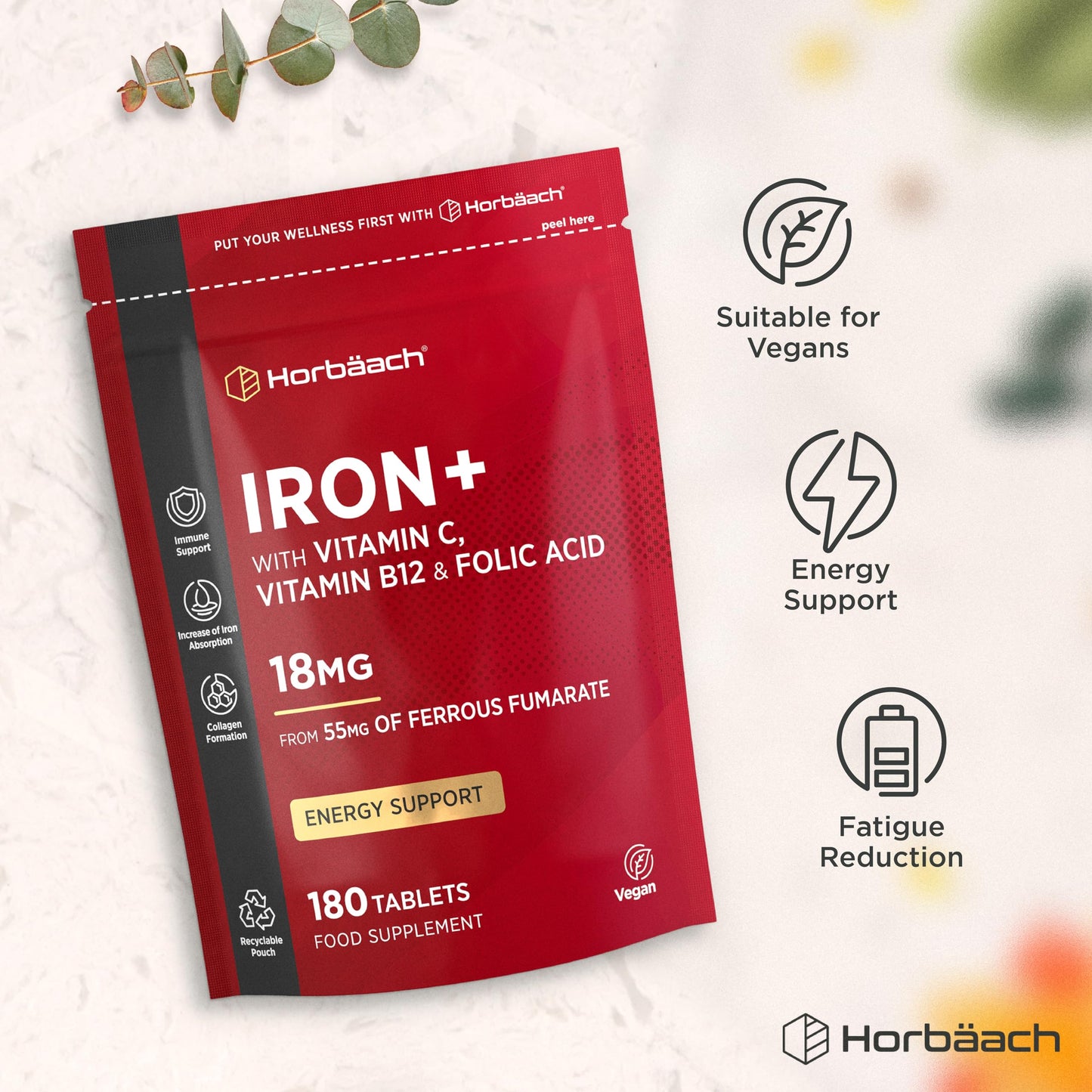 Horbäach Iron Tablets High Strength 18mg | Energy Tablets with Vitamin C, B12 & Folic Acid | 180 Count | 6 Months Supply & Vegan | Ferrous Fumarate Supplement for Men & Women | by Horbaach