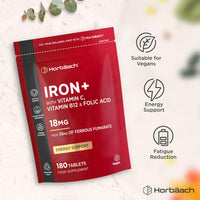 Horbäach Iron Tablets High Strength 18mg | Energy Tablets with Vitamin C, B12 & Folic Acid | 180 Count | 6 Months Supply & Vegan | Ferrous Fumarate Supplement for Men & Women | by Horbaach