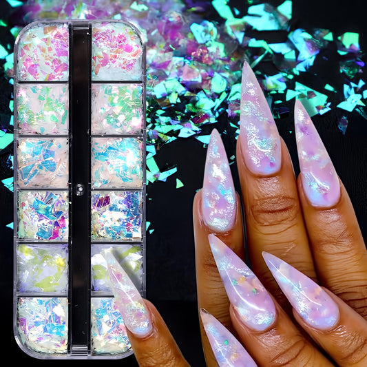 jmeowio Holographic Mermaid Nail Art Glitter Flakes JMEOWIO 12 Grids Holographic Nail Foil Gradient Bright Iridescent Ice Slag Nail Sequins Paillettes Summer Nail Art Decoration for Women Girls