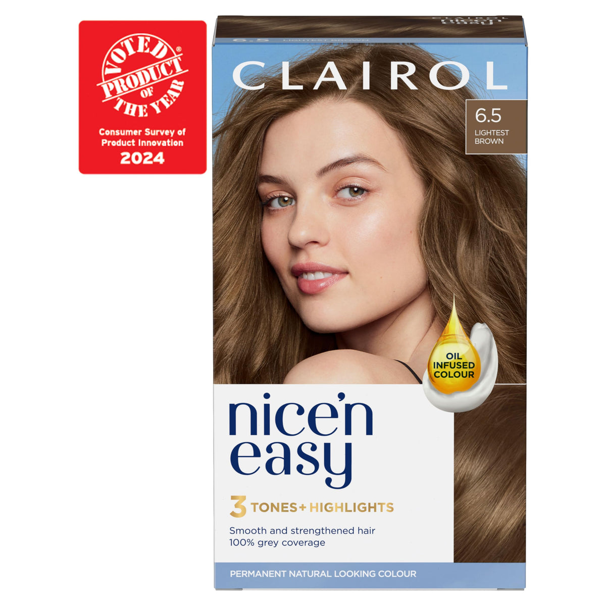 Clairol Nice'n Easy Crème, Natural Looking Oil Infused Permanent Hair Dye, 6.5 Lightest Brown