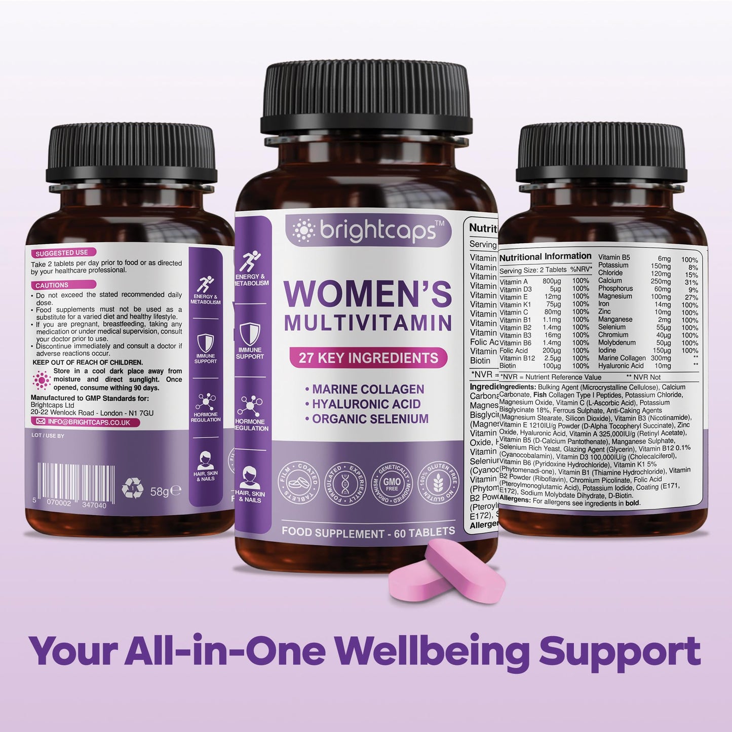 Brightcaps Women's Multivitamins and Minerals Enhanced with Collagen & Hyaluronic Acid - 27 Key Essential Ingredients | 60 Tablets | Gluten Free