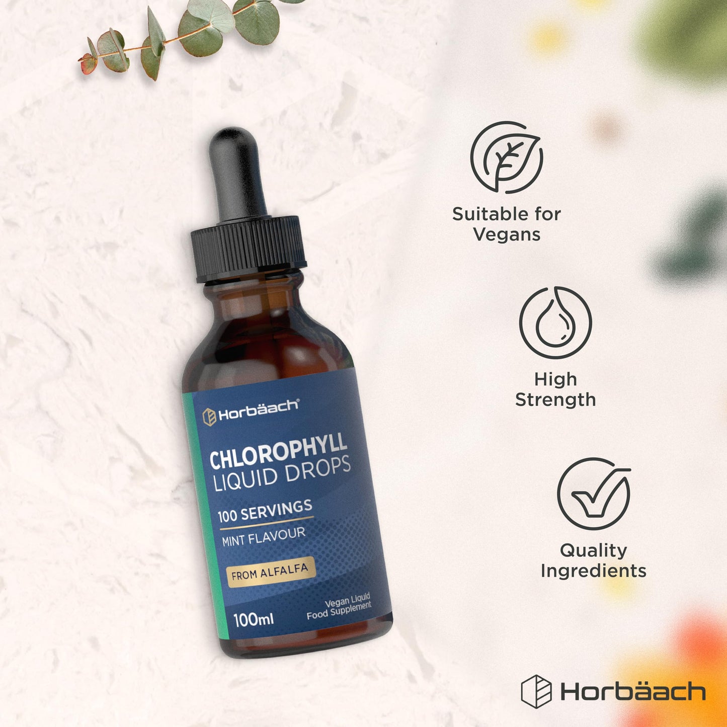 Horbäach Liquid Chlorophyll Drops for Water Extracted from Alfalfa | 100ml - 3+ Months Supply | 100 Servings | Mint Flavour | Vegan Liquid Food Supplement | by Horbaach