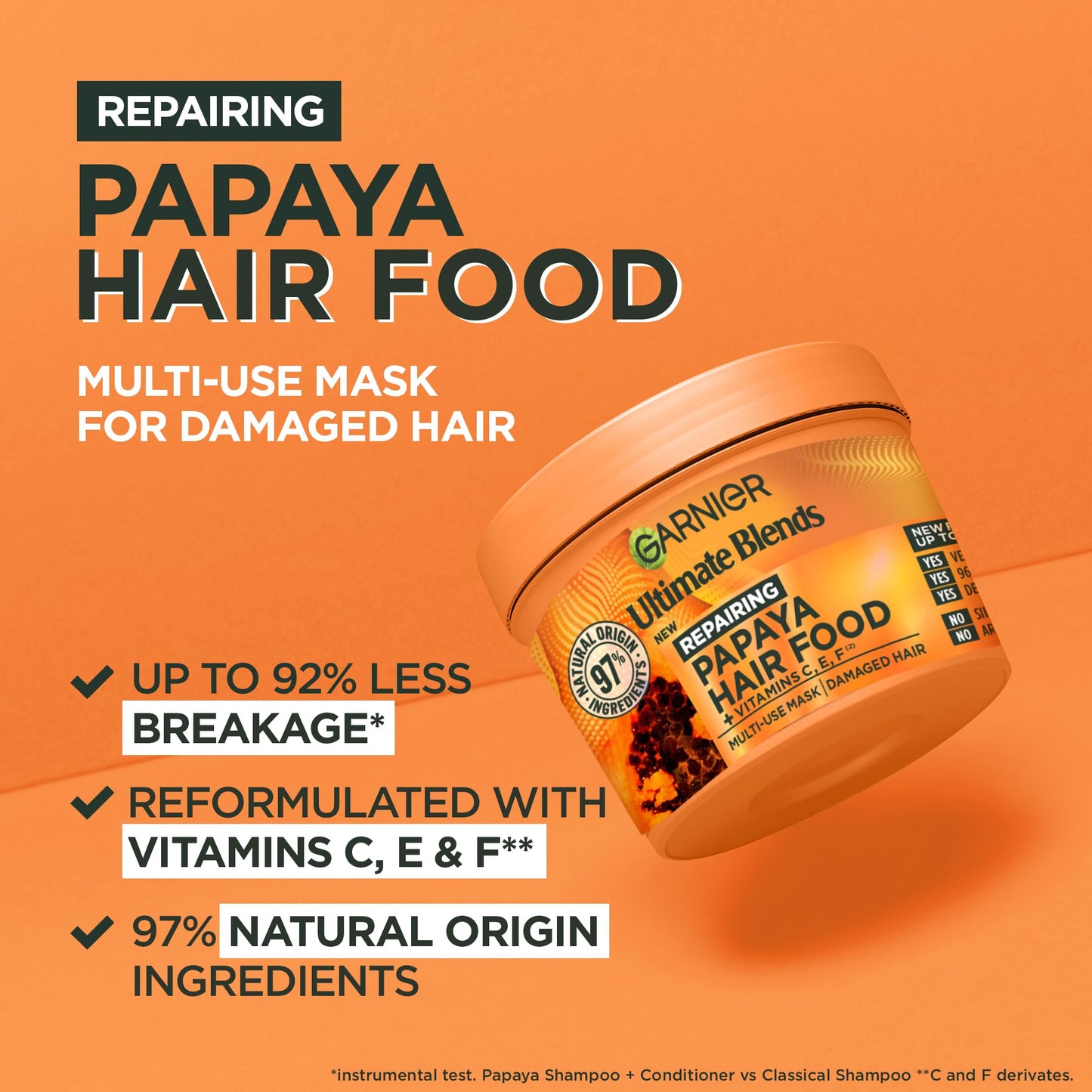 Garnier Hair Food 3-in-1 Hair Treatment Mask, Intensely Nourishes and Repairs Hair, For Damaged Hair, No Silicones, Vegan Formula, Papaya, Ultimate Blends, 400ml