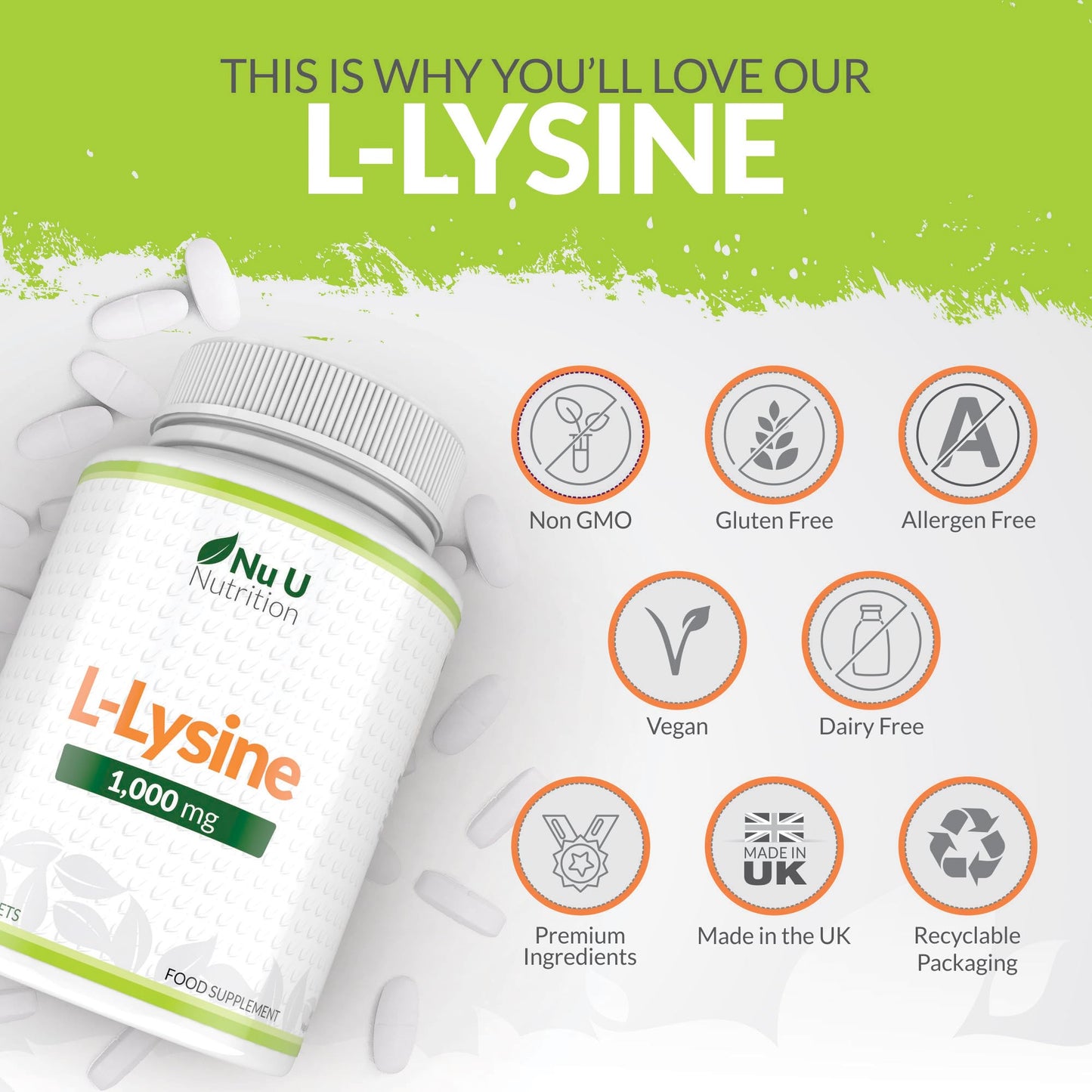 L-Lysine 1000mg High Strength - 180 Vegan Tablets - 6 Month Supply - Essential Amino Acid - Made in The UK - Nu U Nutrition