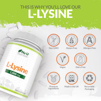L-Lysine 1000mg High Strength - 180 Vegan Tablets - 6 Month Supply - Essential Amino Acid - Made in The UK - Nu U Nutrition