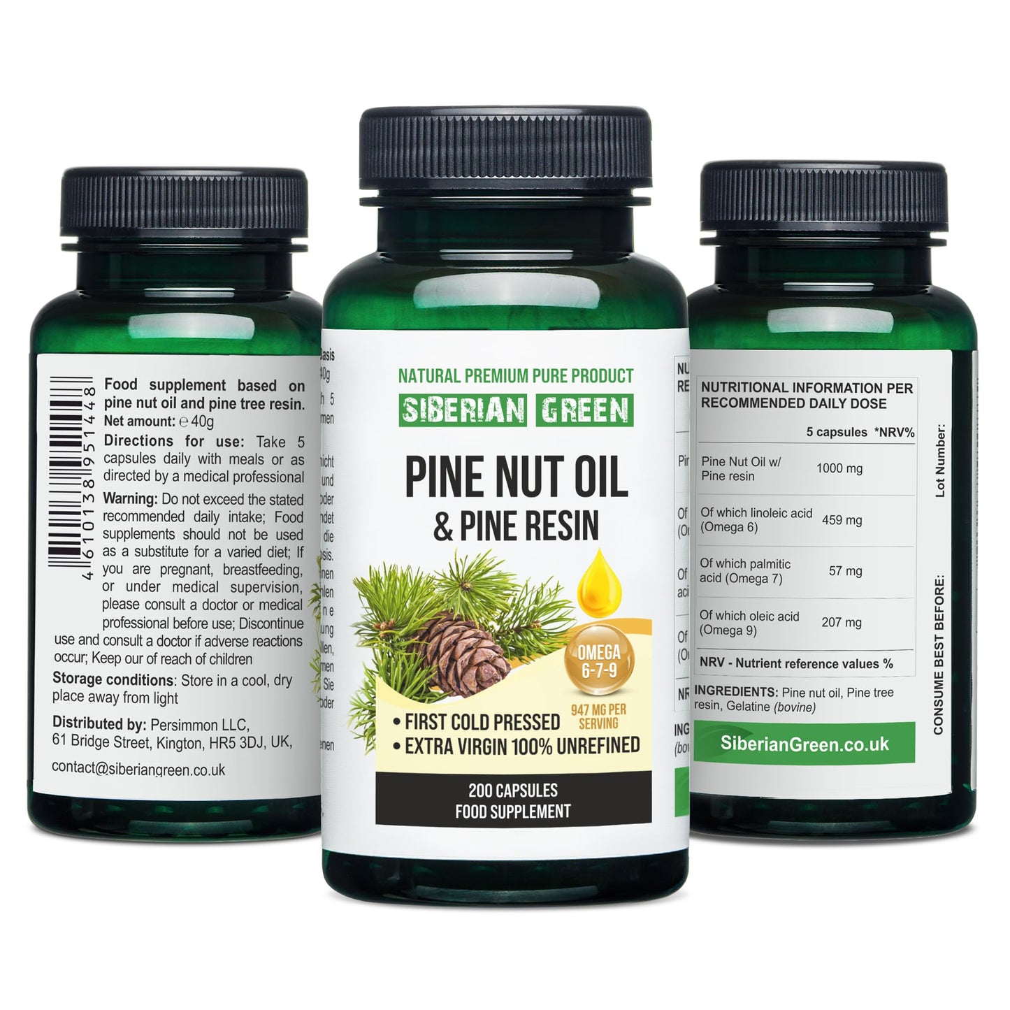 Siberian Green Pine Nut Oil w/Pine Resin Capsules 200 Softgels Wild Harvested Siberia Altai Cold Pressed Unrefined