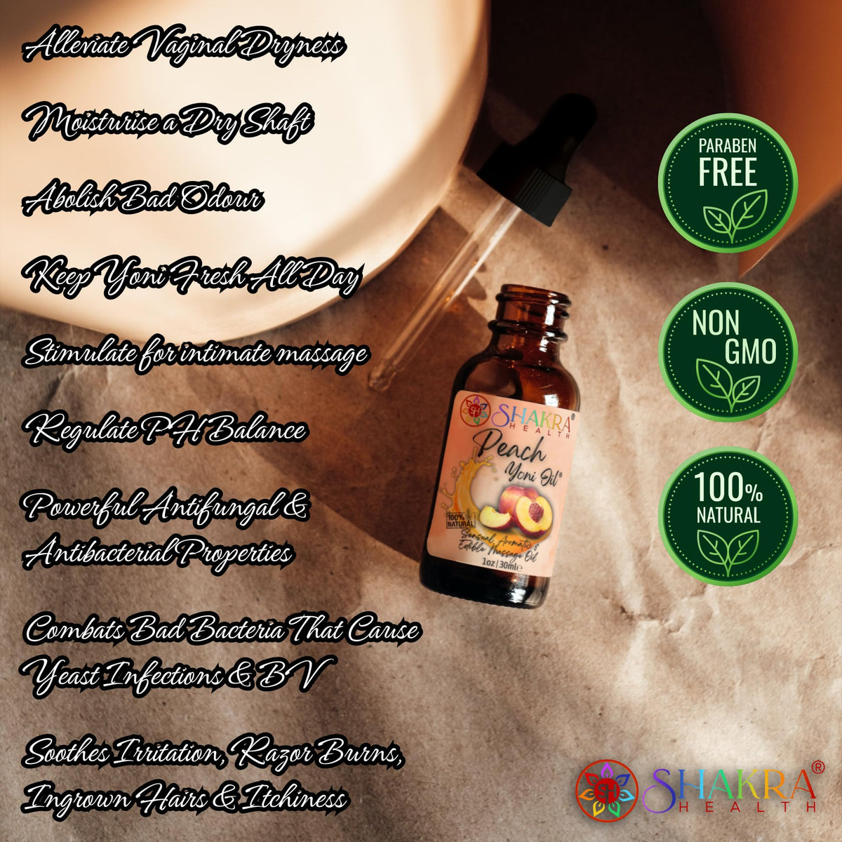 SH SHAKRA HEALTH Yoni Oil [Peach] 30ml – Organic & Vegan Non-Sticky Body Massage Oil for Women. Hydrating Skincare Moisturizer. Non-Greasy for Comfort.