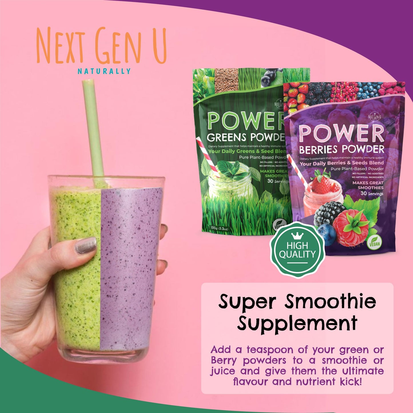 NGU Next Gen U Superfood Greens Powder & Berries Powder Dietary Supplements - for Immune Support - 150 g Pouches - Super Smoothie Mix for Juice & Shakes - Powdered Acai & Flaxseed Blends for Health - by NextGenU