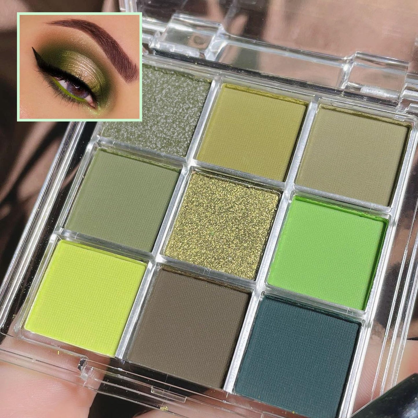 LYNTYAOU 9 Colour Eyeshadow Palette, Shimmer Matte Eye Shadow Smooth Pigmented Shimmering Cool Make-Up Palettes, Green Yellow Waterproof Longlasting Party Makeup Eye Shadow Pallets for Women