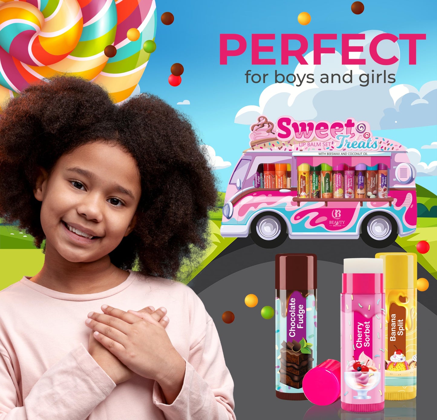 Beauty4Britain Kids Lip Balm Set Sweet Treats - 12 Different Dessert Flavours, Beeswax & Coconut Oil, Colourless, for Girls and Boys