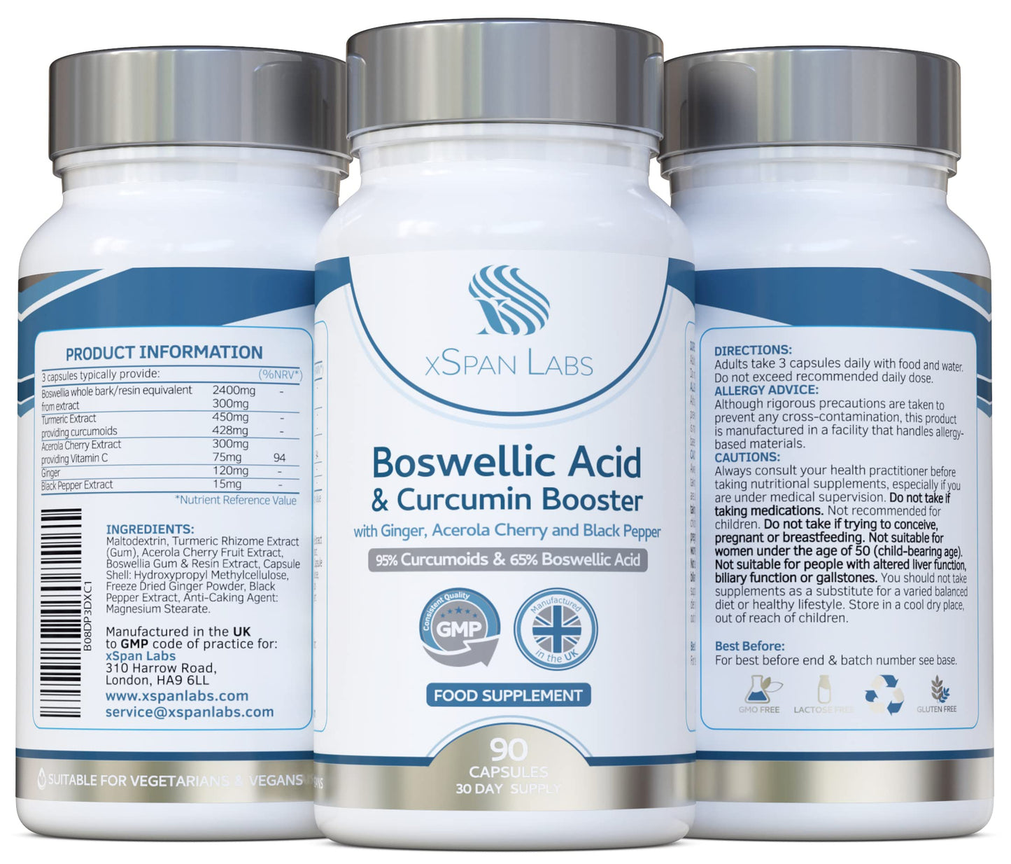 Xspan Labs Boswellic Acid & Curcumin Booster Complex – 1 Month Supply, 90 Capsules - containing Minimum 95% Curcumoids & 65% Boswellic Acid - with Added Ginger, Acerola Cherry and Black Pepper
