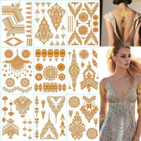 SHEBEEDO 9 Sheets Gold Metallic Temporary Tattoos,110+ Shimmer Glitter Designs Floral, Mandala,necklaces,Waterproof Long Lasting Body & Face Art Sticker for Women & Girls, Festival, Party, Beach, Cosplay