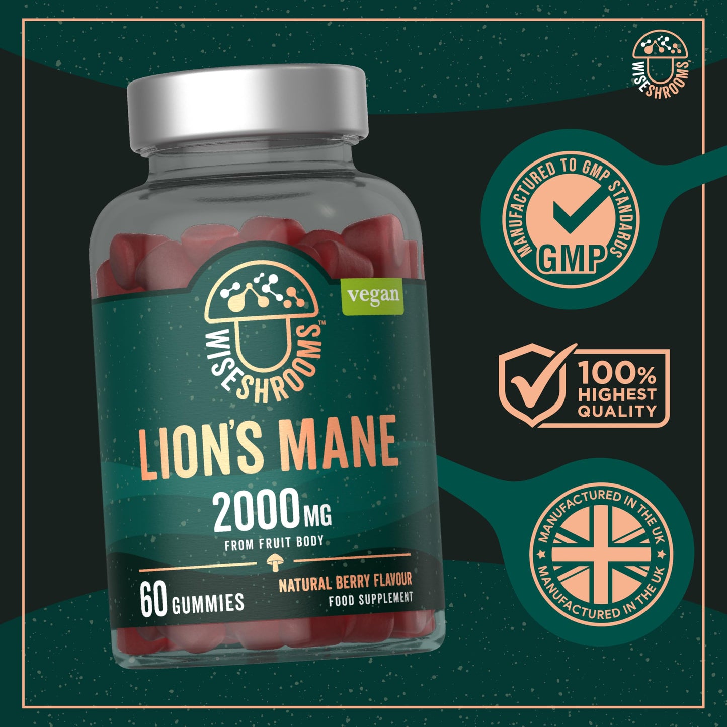 Lions Mane Gummies High Strength 2000mg | from Fruit Body | Vegan Mushroom Extract | 60 Natural Berry Flavour Gummies | by Wiseshrooms