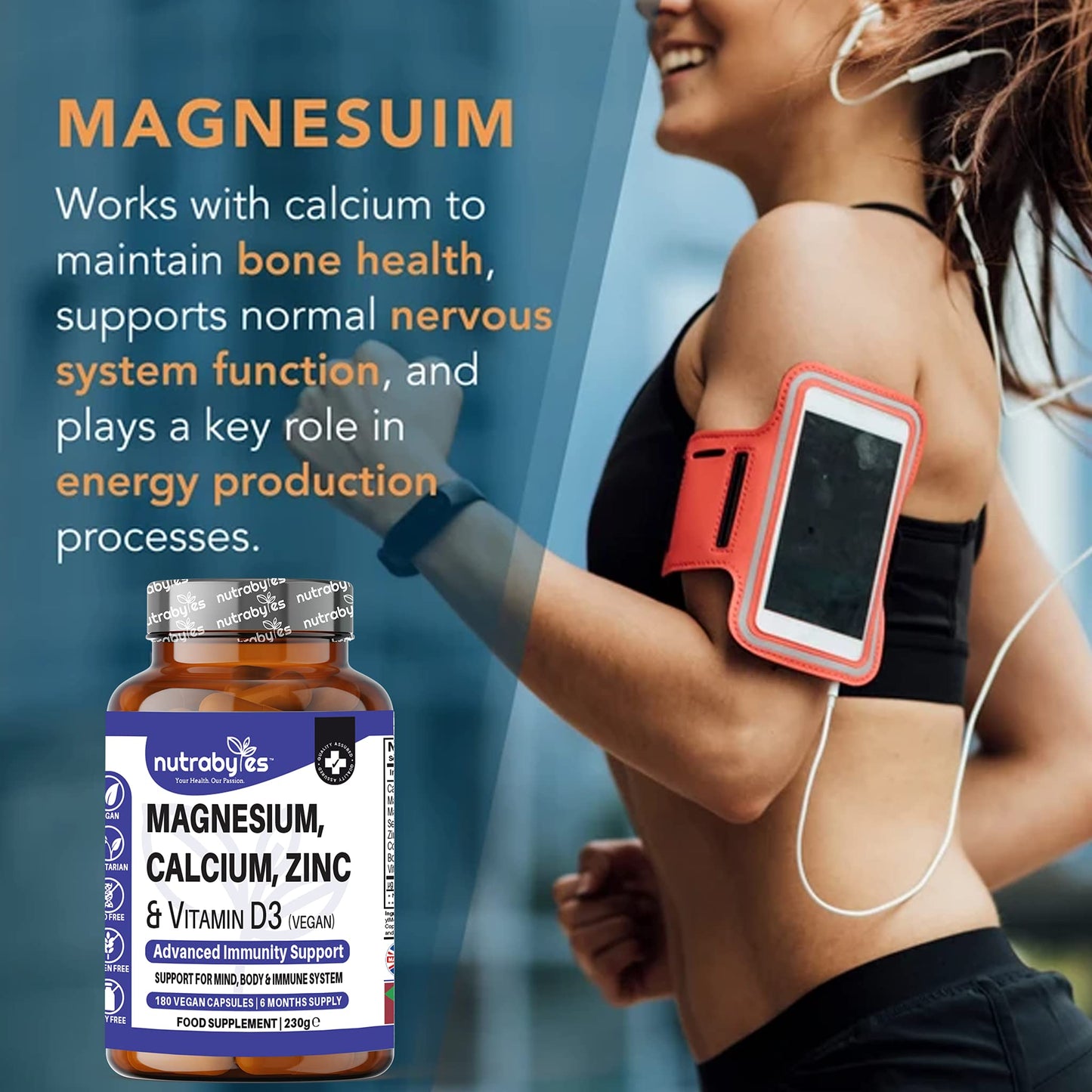 Magnesium Calcium Zinc & Vitamin D3 Vegan Supplement, Advanced Immunity Support, High Strength Vitamin D3, Strong Bones & Teeth, Muscle Recovery, Sleep Better, 180 Vegan Capsules-6 Months Supply - UK