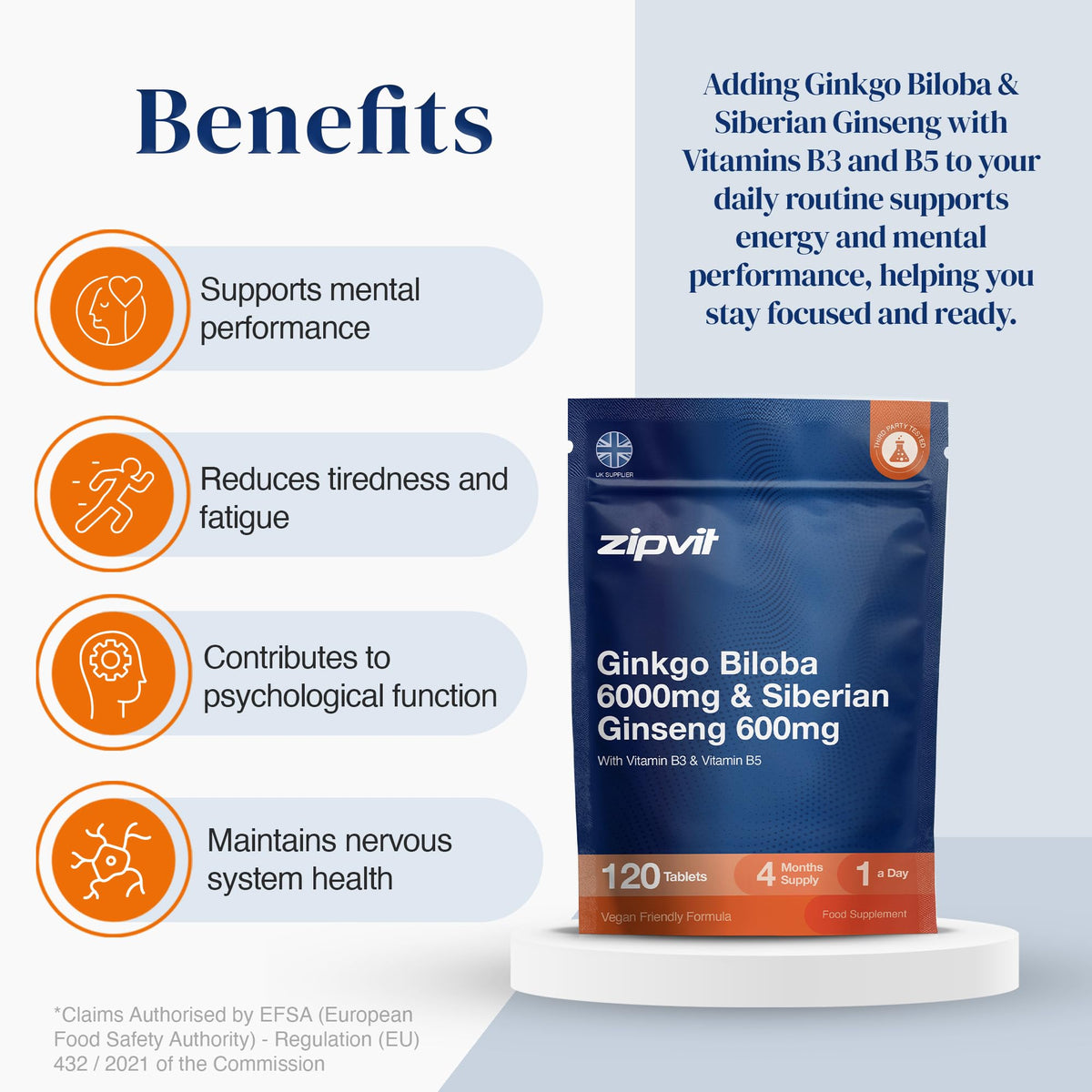 Zipvit Ginkgo Biloba 6000mg & Siberian Ginseng 600mg with Vitamins B3 & B5 Pouch, 120 Vegan Tablets, Supports Energy & Mental Performance, 4 Month Supply