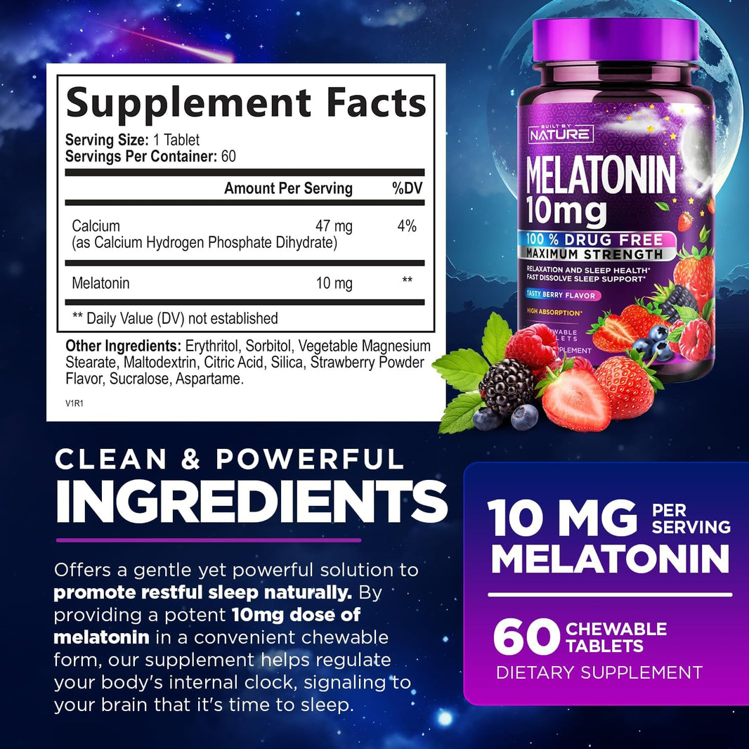 Melatonin 10mg Chewables – Max Strength Melatonin – Drug-Free Sleep Aid Supplement - 60 Chewable Tablets