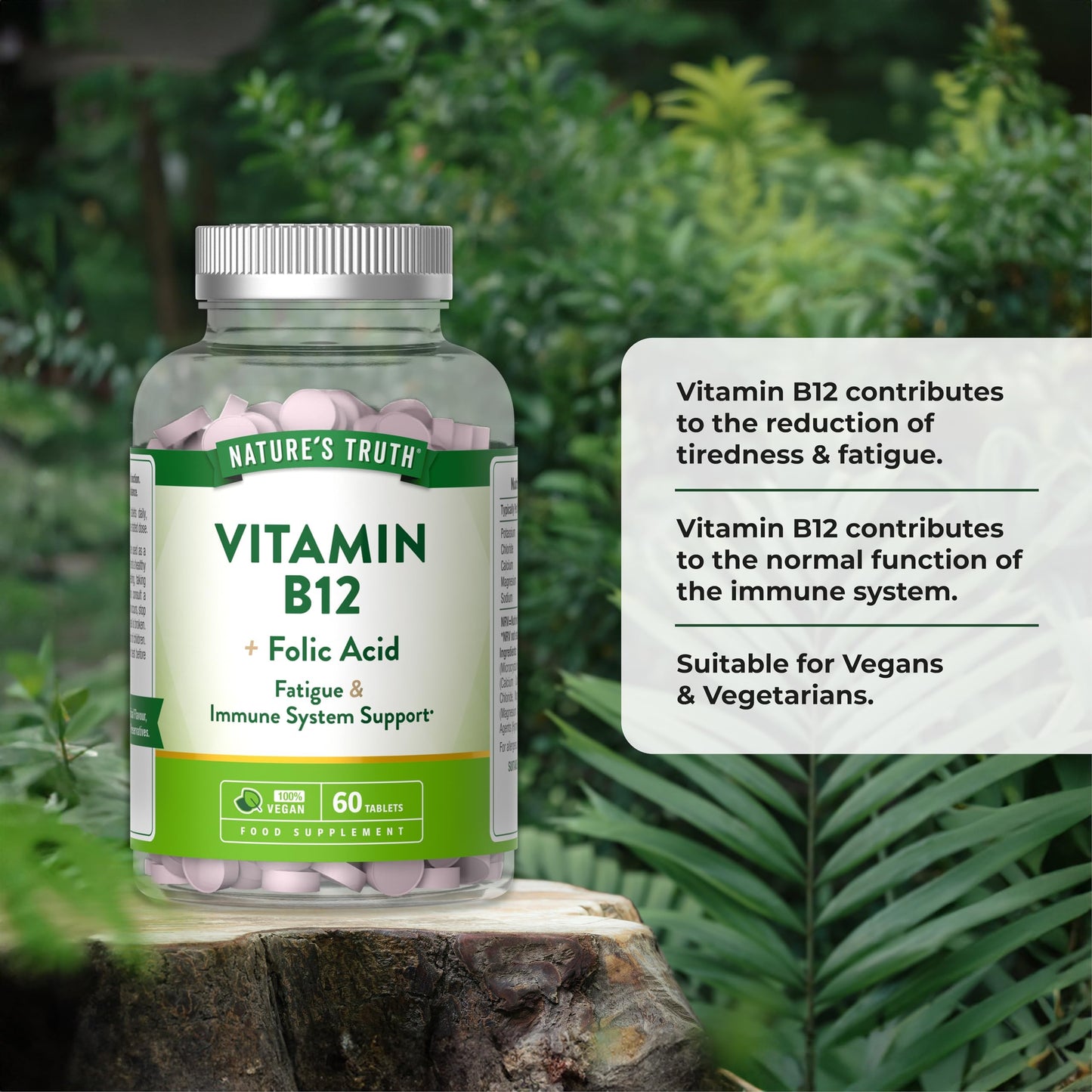 Nature's Truth Vitamin B12 with Folic Acid - 60 Vegan Tablets - Fatigue and Immune System Support
