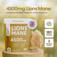 tinytablets.co Lions Mane 4500mg Supplement with Black Pepper Powder | 180 Tablets | Womens and Mens Supplements | UK-Made Lions Mane Supplement for Stress Relief | Science-Backed and Tested Lions Mane Capsules