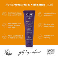 P'URE PAPAYA CARE Face Lotion & Neck Cream 50ml - Vegan Face Moisturiser - Papaya Enzymes, Bergamot, Calendula Cream, Hyaluronic Acid, Vitamin E Face Cream - Natural Facial Moisturising Lotion