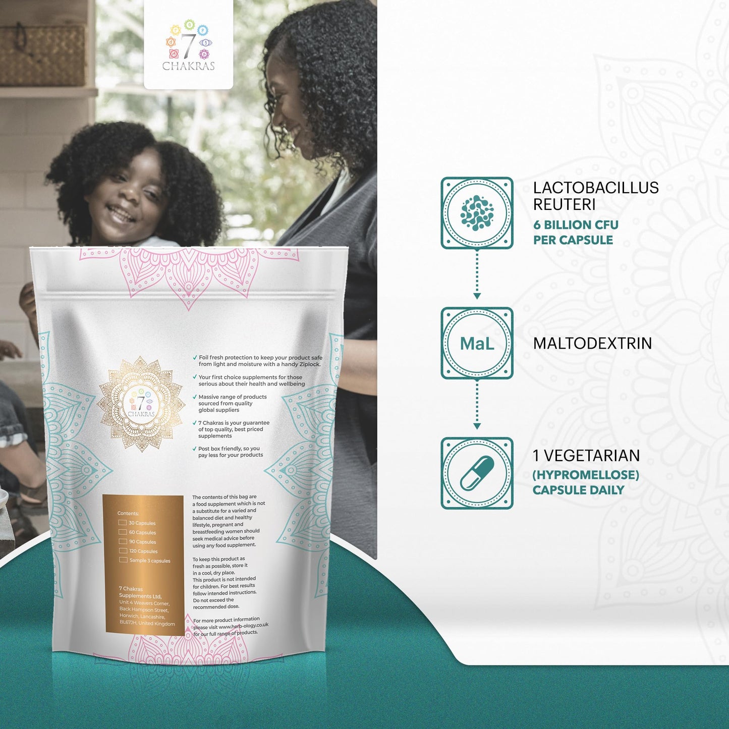 7 Chakras 7C Lactobacillus Reuteri | 30 High Strength L Reuteri Capsules - 6B CFU L-Reuteri Probiotic per Serving | Probiotic Lactobacillus Supplement | Non-GMO, Gluten & Allergen Free | Made in The UK