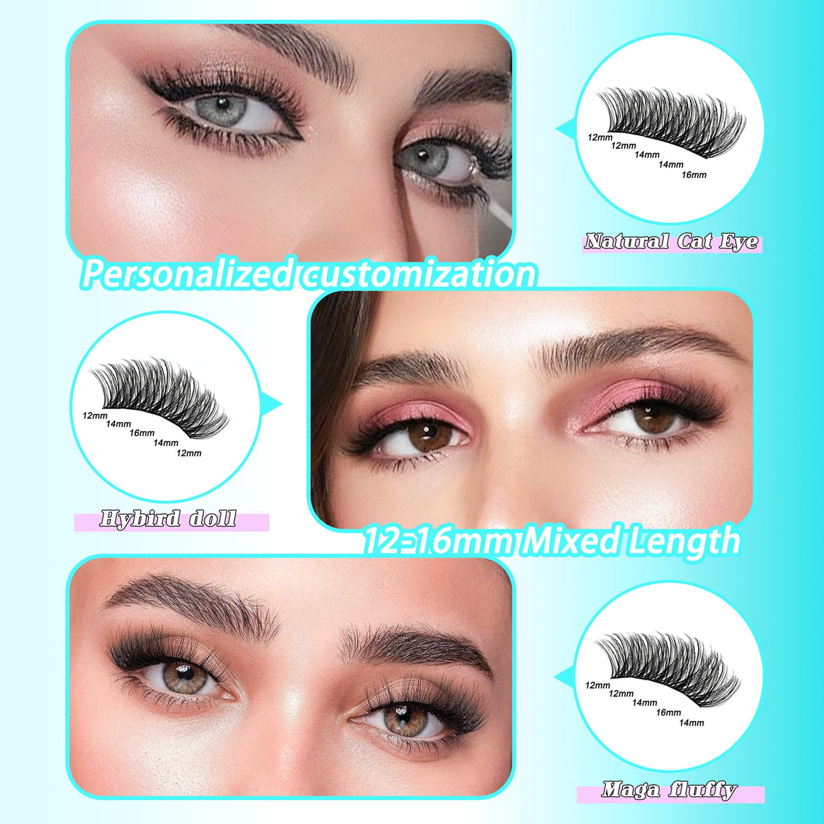 PURELEOR Cluster Lashes Kit DIY Individual Lash Clusters at Home False Eyelashes Fluffy Set Including Bond and Seal Tweezers Eyelash Extensions Mixed 12-16mm