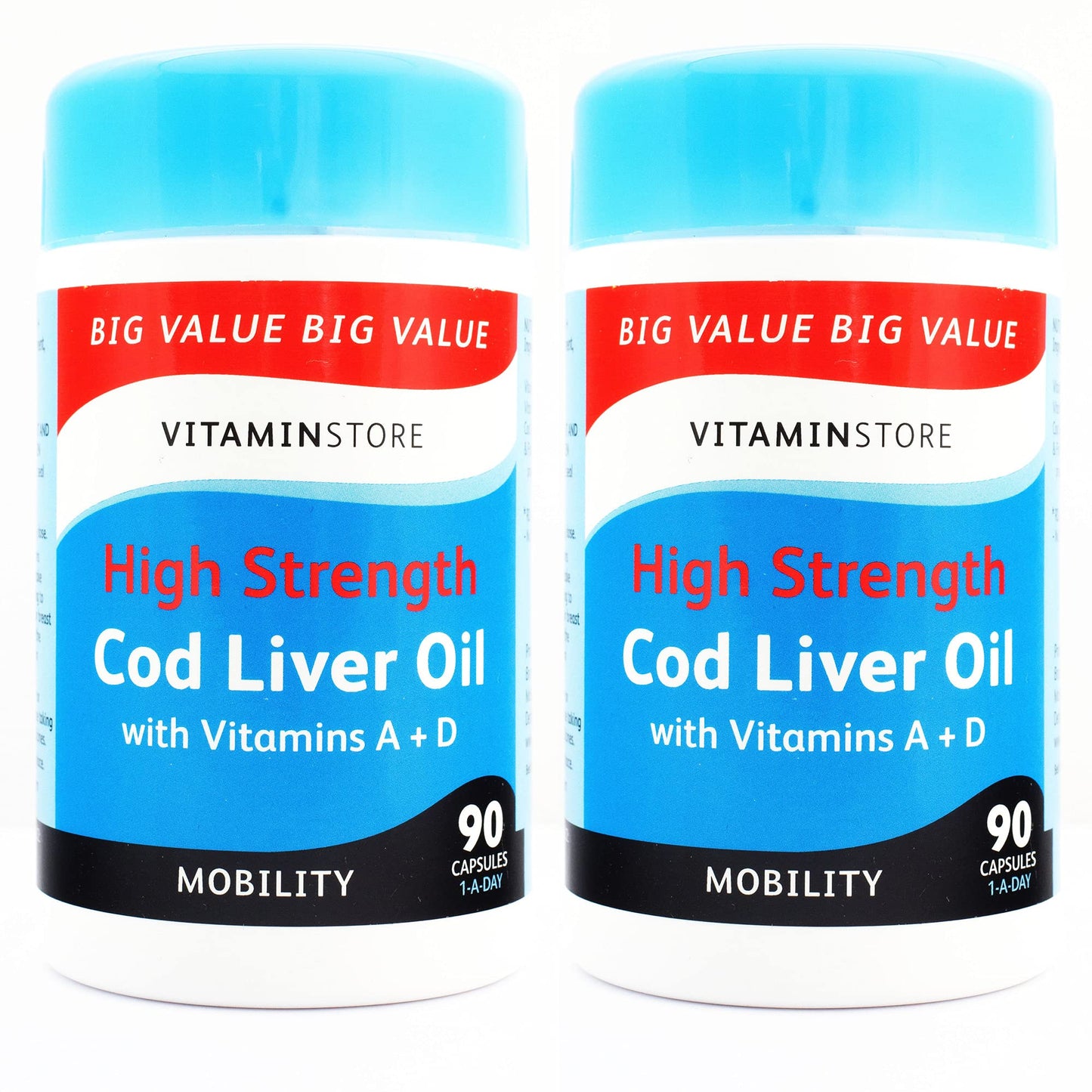 Vitamin Store Cod Liver Oil High Strength 1000mg with Vitamins A & D, 90 Capsules per Tub, Pack of 2 Tubs, 6 Months Supply