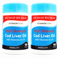 Vitamin Store Cod Liver Oil High Strength 1000mg with Vitamins A & D, 90 Capsules per Tub, Pack of 2 Tubs, 6 Months Supply