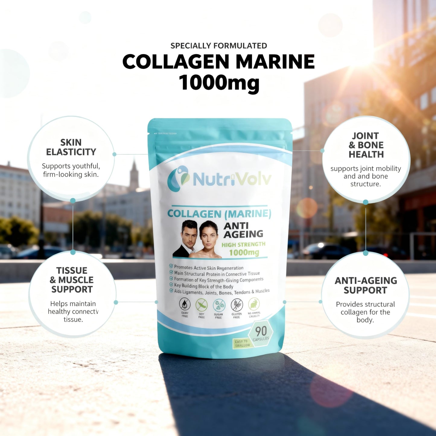 NutriVolv Collagen Marine 1000mg Supplement | Anti-Ageing Support for Skin, Joints, Bones, Muscles & Tissue Health | 90 Capsules | Boosts Skin Elasticity & Joint Mobility