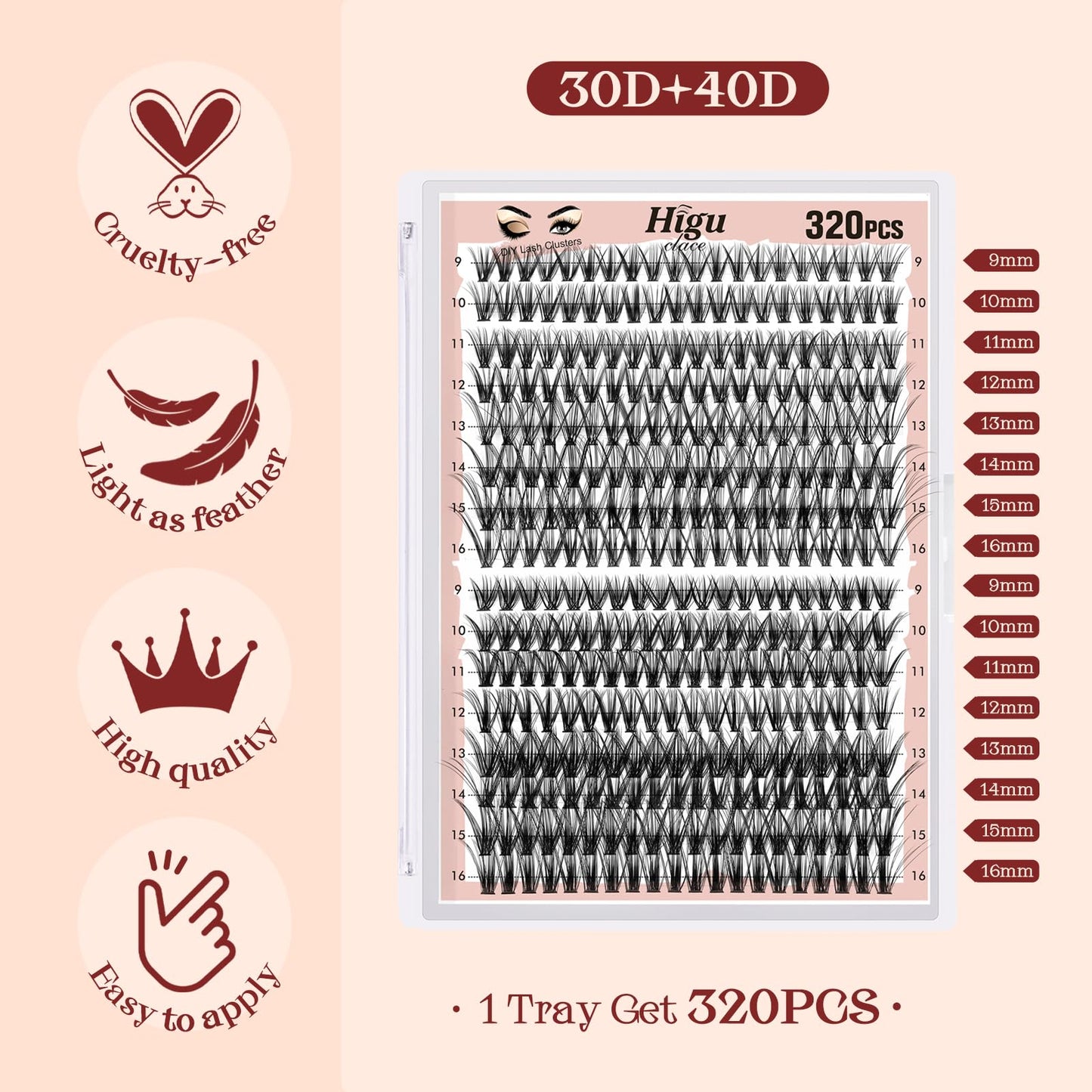 Higu clace 320PCS Lash Clusters D Curl 30D+40D 0.07mm 9-16mm DIY Individual Lashes Cluster Wispy Lash Clusters Matte Black Natural Look DIY Eyelashes at Home (30D+40D-0.07D-9-16MIX)