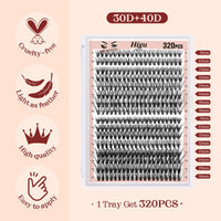 Higu clace 320PCS Lash Clusters D Curl 30D+40D 0.07mm 9-16mm DIY Individual Lashes Cluster Wispy Lash Clusters Matte Black Natural Look DIY Eyelashes at Home (30D+40D-0.07D-9-16MIX)