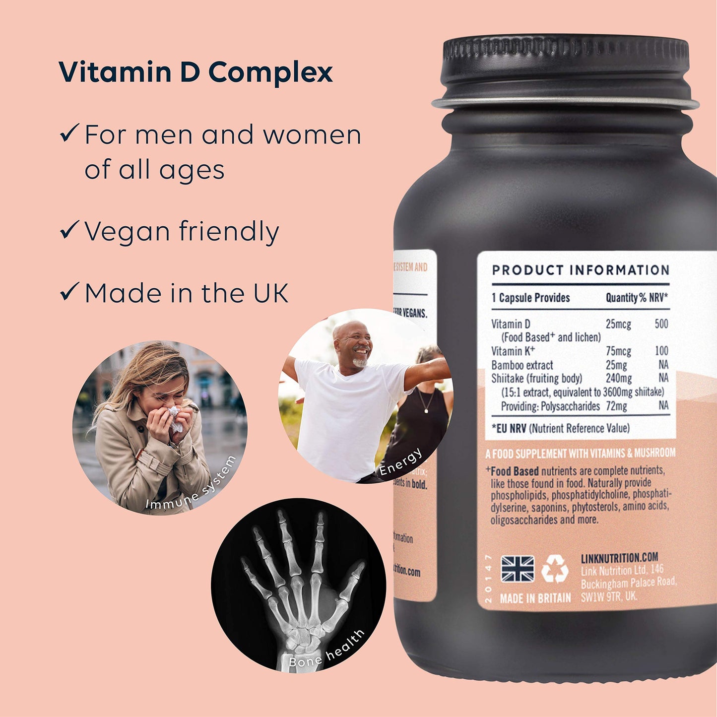 Vitamin D2, D3 + K - 1000IU [Food Based] | Contains Active Metabolites | Safe - Effective - Absorbable | For the immune system and maintenance of bones and teeth | Vegan | Link Nutrition | 30 Vegecaps