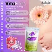 Folic Acid Tablets 400 mcg - 240 Vitamin B9 Tablets - 8 Months Supply - Pregnancy Care - Normal Function of Immune System & Maternal Tissue Growth During Pregnancy - Vitaherbs Made in The UK