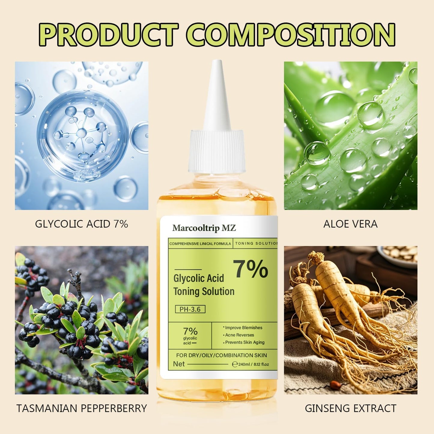 Sengwer Glycolic Acid Toner,Glycolic Acid 7% Toner for Exfoliating, Suitable for Combination and Oily Skin - Hydrating Serum for Face (240ml New)